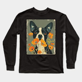 Boston Terrier Flowers Photo Art Design For Dog Onwer Long Sleeve T-Shirt